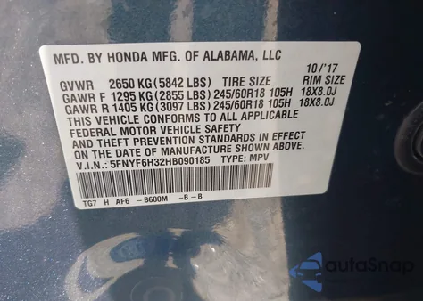 2017 Honda Pilot Ex from USA, damaged, VIN 5FNYF6H32HB090185